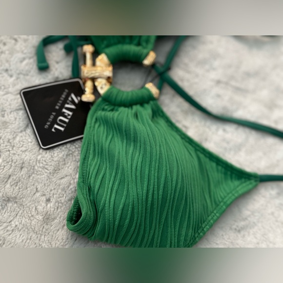 NWT- ZAFUL textured Green Gold Embellished Bikini Set - Picture 4 of 14